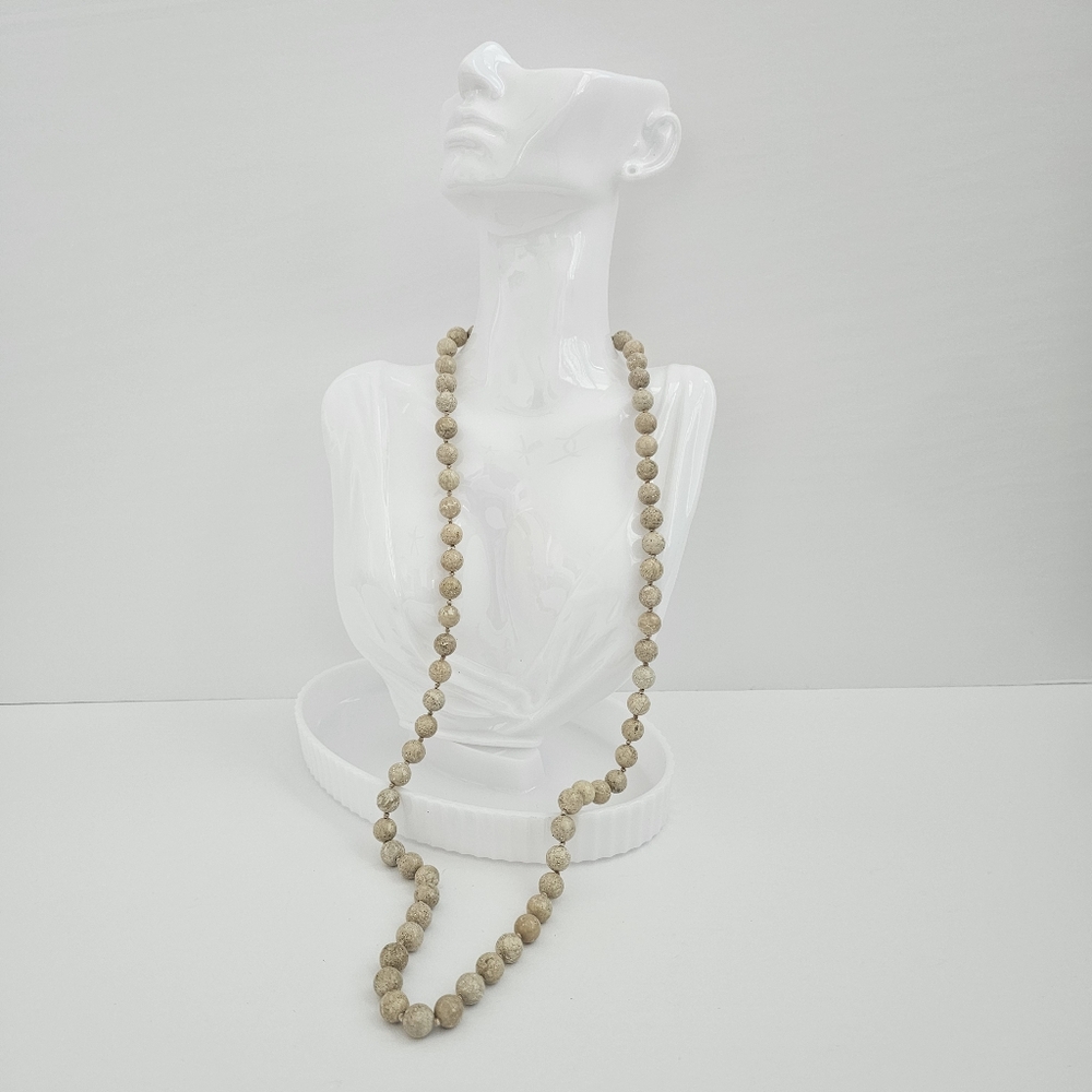 Hand-Knotted Natural Fossil Stone Rope Necklace - 32" Endless Strand, Neutral